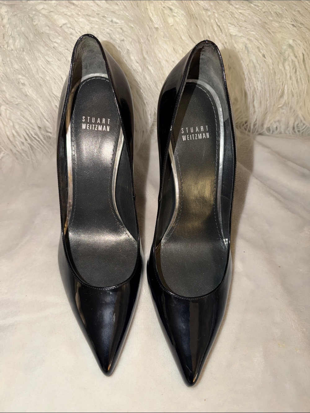 Stuart Weitzman Black Patent Pointed Pumps.  Very thin chic high heel.
